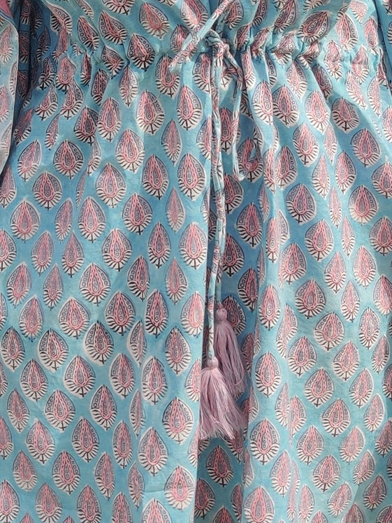 Blue Pink Hand Block Printed Knee Length Kaftan