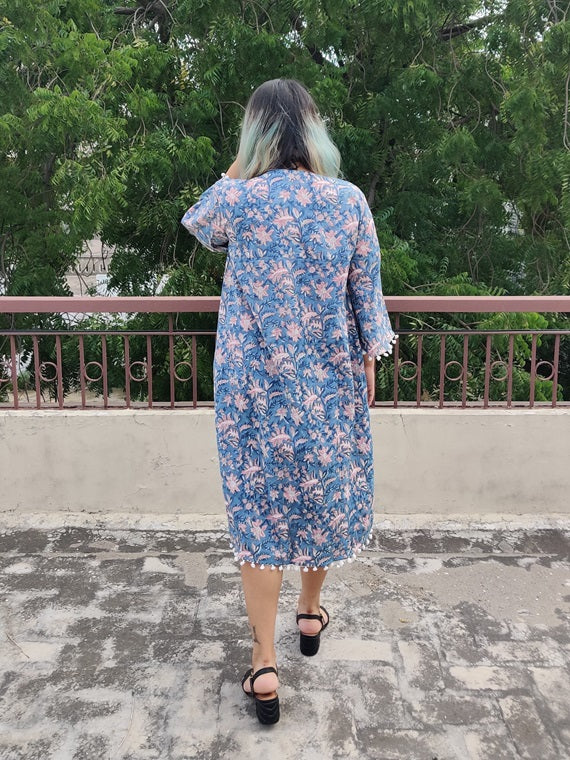 Blue Floral Hand Block Printed Comfort Fit Flared Dress with Pompoms