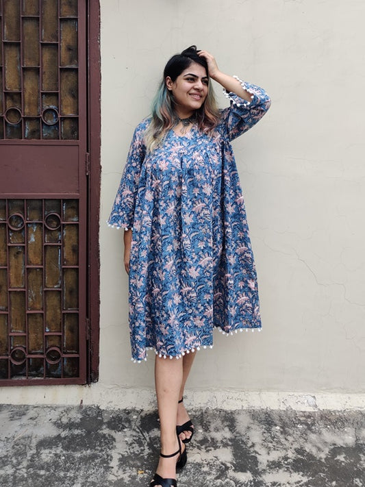 Blue Floral Hand Block Printed Comfort Fit Flared Dress with Pompoms