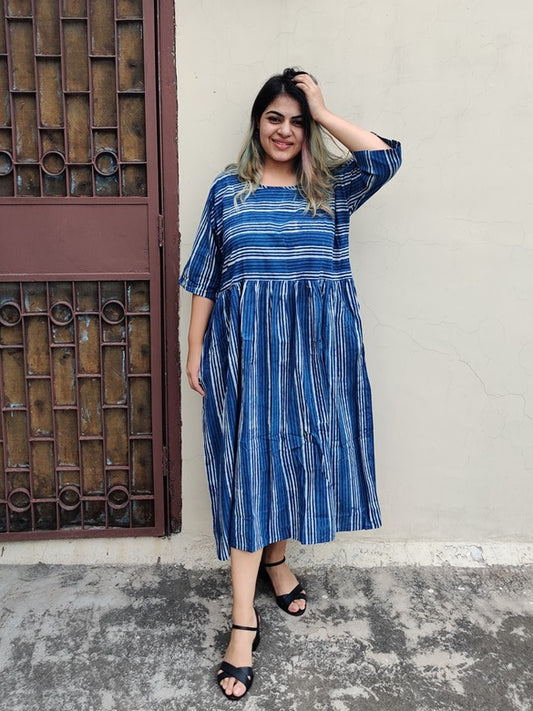 Indigo Lines Hand Block Printed Comfort Fit Midi Dress