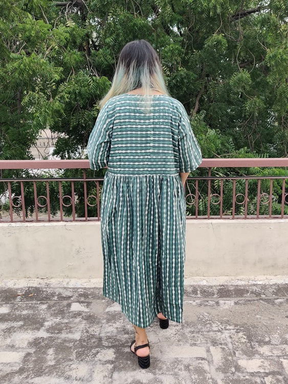 Teal Hand Block Printed Comfort Fit Midi Dress