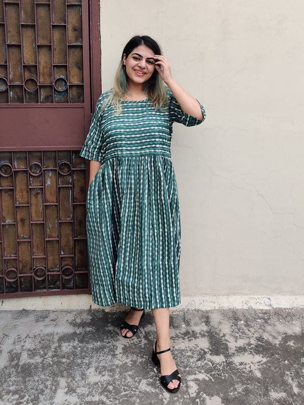 Teal Hand Block Printed Comfort Fit Midi Dress