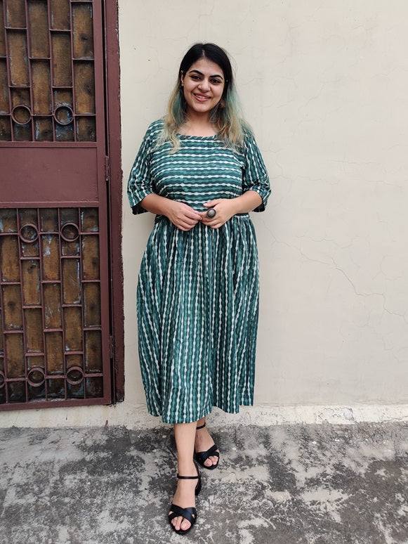 Teal Hand Block Printed Comfort Fit Midi Dress