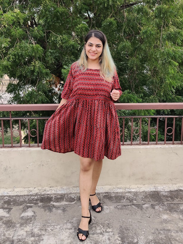 Red Zigzag Ajrakh Hand Block Printed Comfort Fit Knee Length Dress