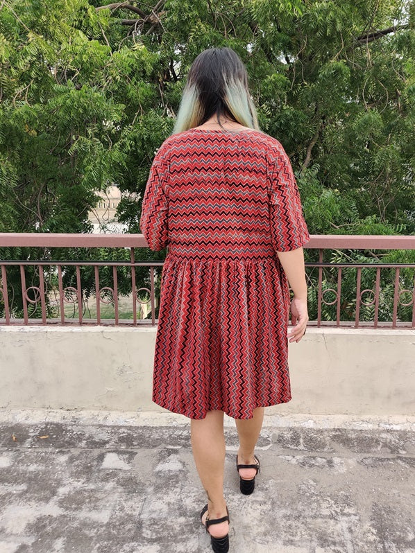 Red Zigzag Ajrakh Hand Block Printed Comfort Fit Knee Length Dress