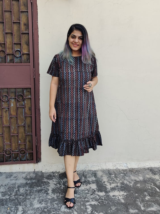 Blackberry Ajrakh Hand Block Printed Shift Dress with Tier and Gathered Sleeves
