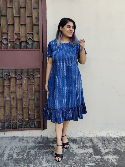 Syaahee Hand Block Printed Shift Dress with Tier and Gathered Sleeves