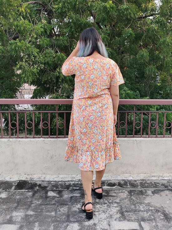 Pink Lemonade Hand Block Printed Shift Dress with Tier and Gathered Sleeves