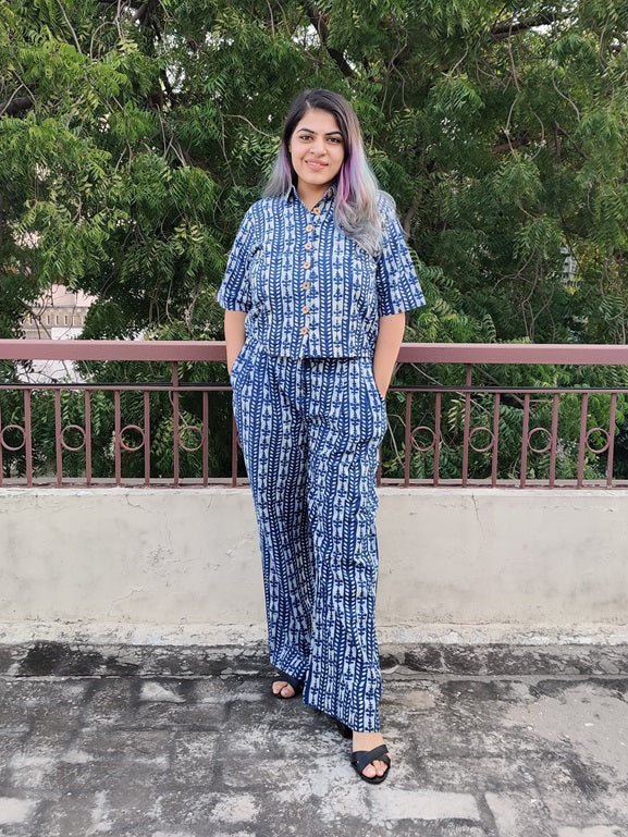 White Indigo Lines Hand Block Printed Coordinated Set with Shirt and Flared Pants