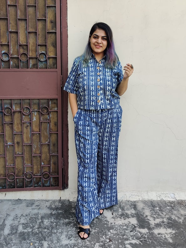 White Indigo Lines Hand Block Printed Coordinated Set with Shirt and Flared Pants
