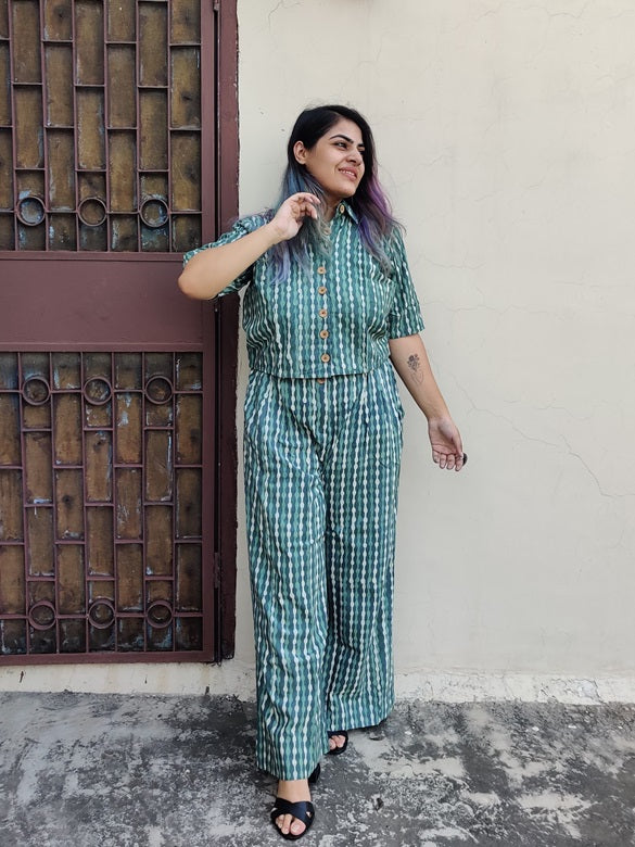 Teal Hand Block Printed Coordinated Set with Shirt and Flared Pants