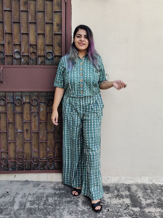 Teal Hand Block Printed Coordinated Set with Shirt and Flared Pants