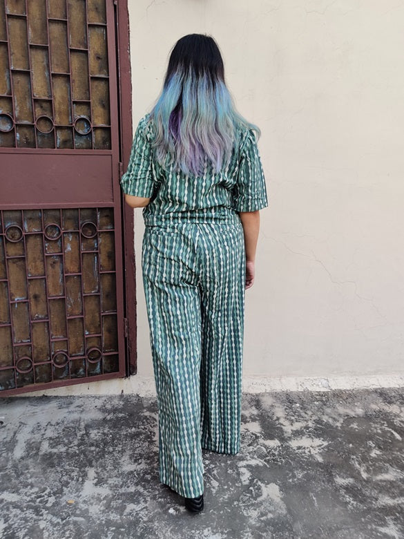 Teal Hand Block Printed Coordinated Set with Shirt and Flared Pants