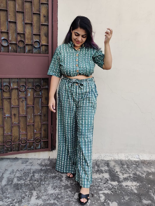 Teal Hand Block Printed Coordinated Set with Shirt and Flared Pants