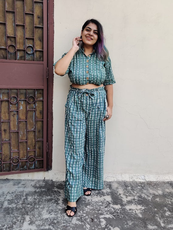 Teal Hand Block Printed Coordinated Set with Shirt and Flared Pants