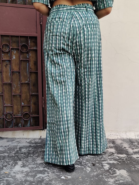 Teal Hand Block Printed Coordinated Set with Shirt and Flared Pants