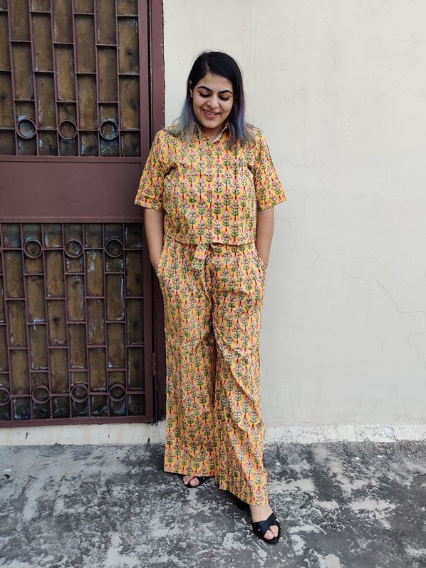 Yellow Red Floral Hand Block Printed Coordinated Set with Shirt and Flared Pants