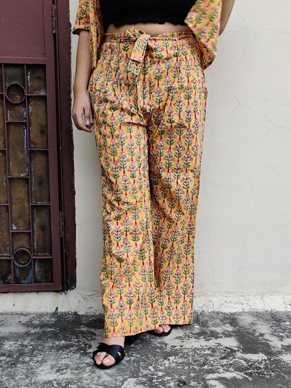 Yellow Red Floral Hand Block Printed Coordinated Set with Shirt and Flared Pants