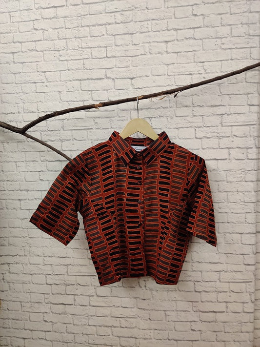 Red Boxes Ajrakh Hand Block Printed Crop Top Shirt Blouse