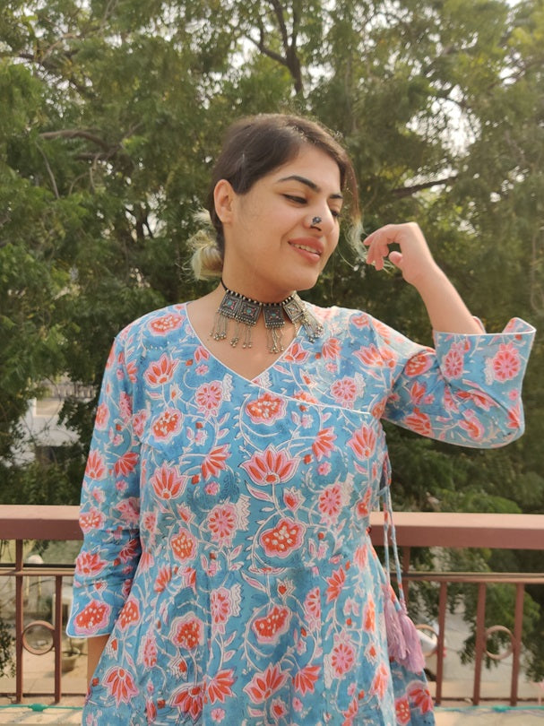 Azalea Cotton Hand Block Printed Angrakha Dress