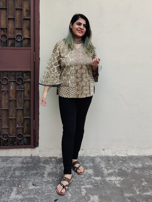 Olive Green Dabu Hand Block Printed Top with Bell Sleeves