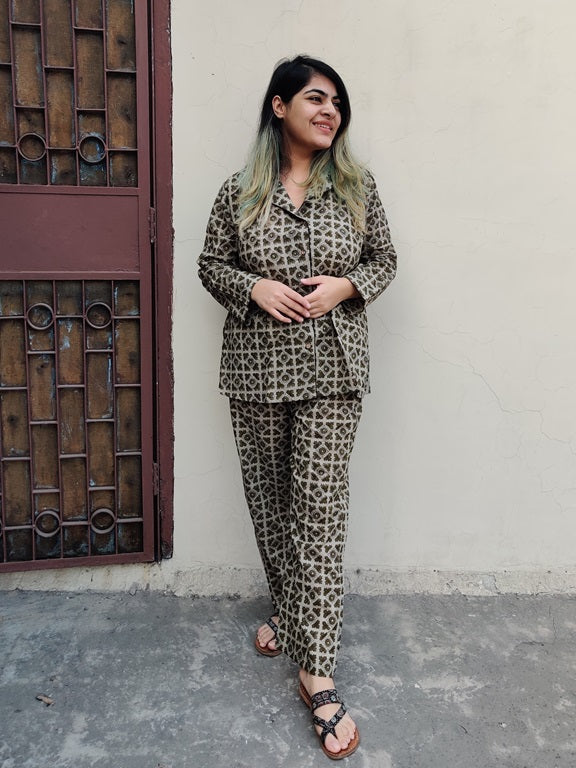 Olive Green Geometric Hand Block Printed Cotton Lounge Wear Coord Set