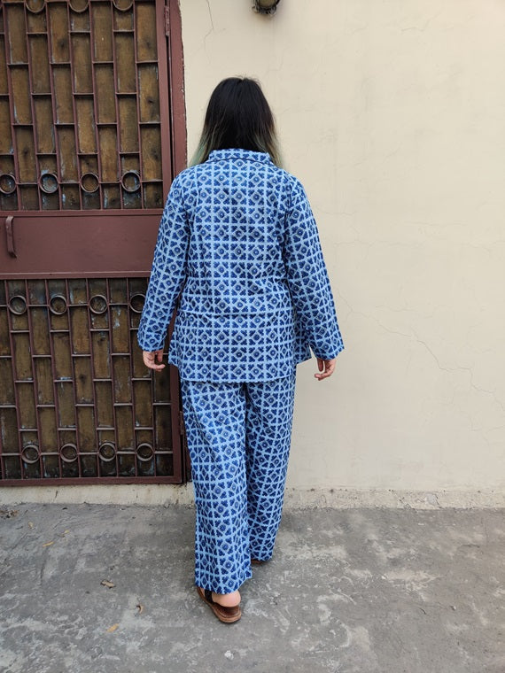 Blue Geometric Hand Block Printed Cotton Lounge Wear Coord Set