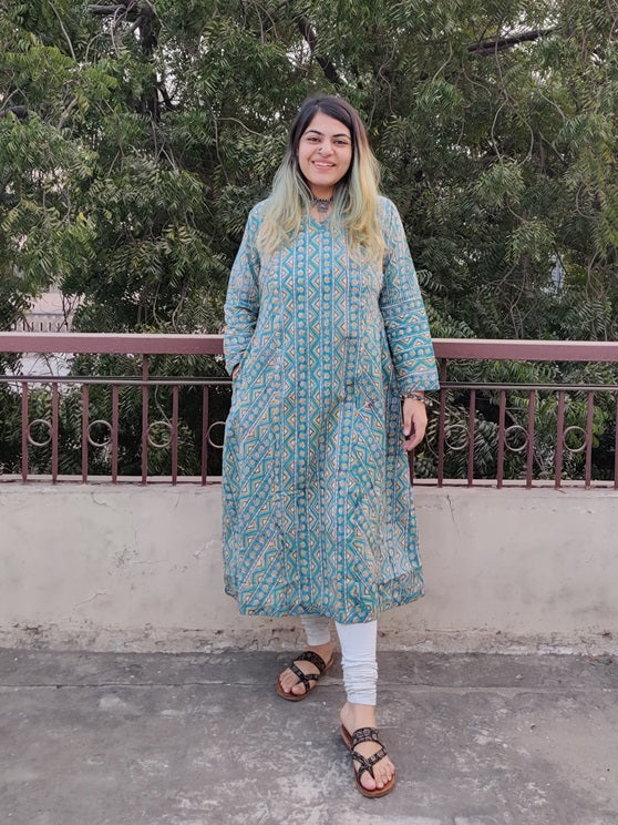 Green Yellow Geometric Lines Hand Block Printed A Line Kurta