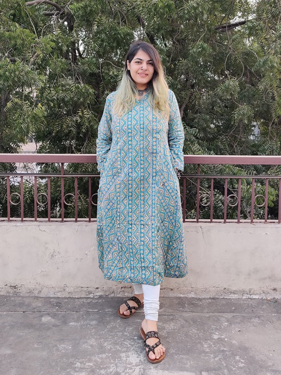 Green Yellow Geometric Lines Hand Block Printed A Line Kurta