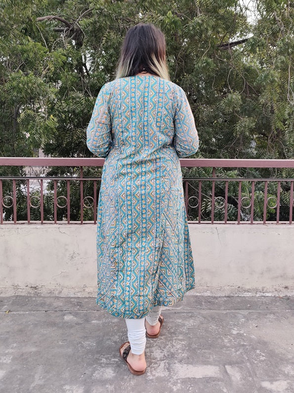 Green Yellow Geometric Lines Hand Block Printed A Line Kurta