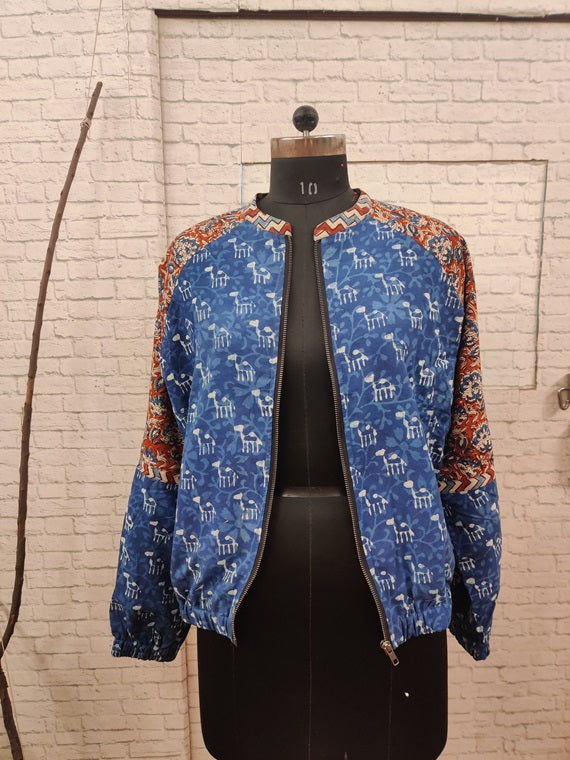 Indigo Kalamkari Hand Block Printed Unisex Bomber Jacket