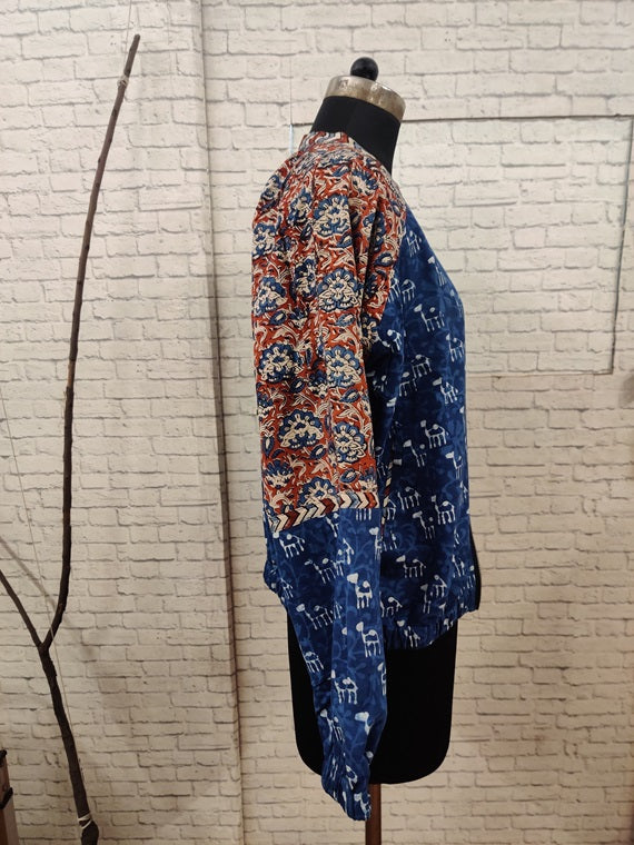 Indigo Kalamkari Hand Block Printed Unisex Bomber Jacket