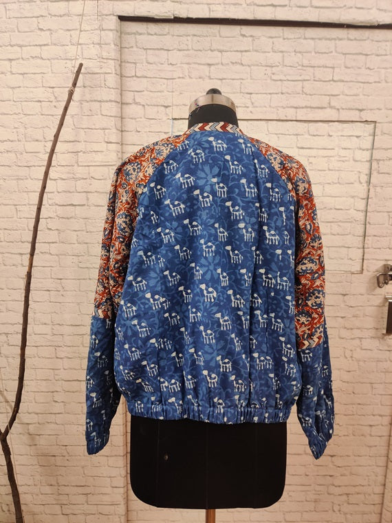 Indigo Kalamkari Hand Block Printed Unisex Bomber Jacket