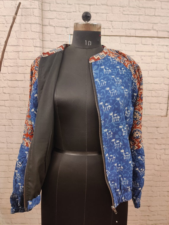 Indigo Kalamkari Hand Block Printed Unisex Bomber Jacket