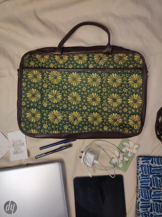 Green Geometric Flower Ajrakh Laptop Bag
