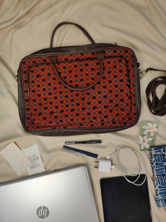 Red Fishscale Ajrakh Laptop Bag