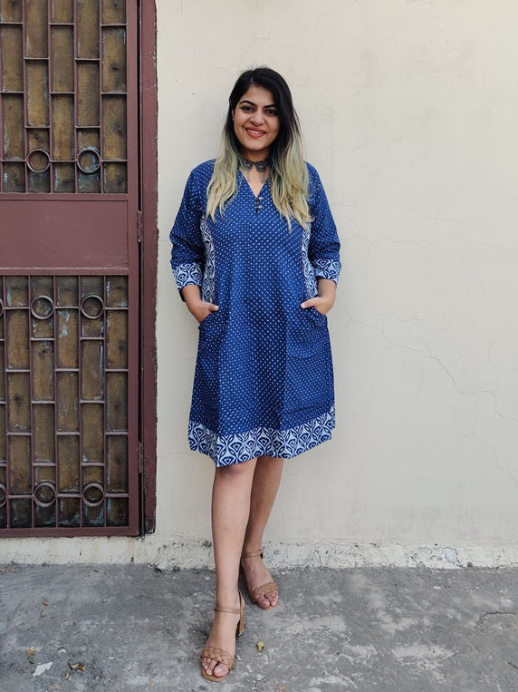 Indigo Dots Hand Block Printed Patch Shift Dress