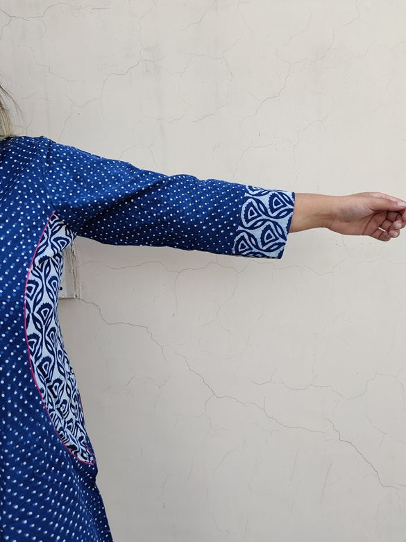 Indigo Dots Hand Block Printed Patch Shift Dress