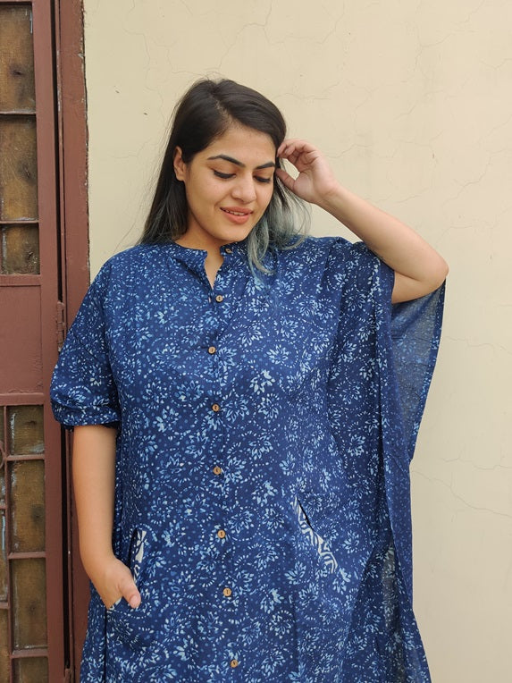 Indigo Hand Block Printed High Low Long Shirt Kaftan