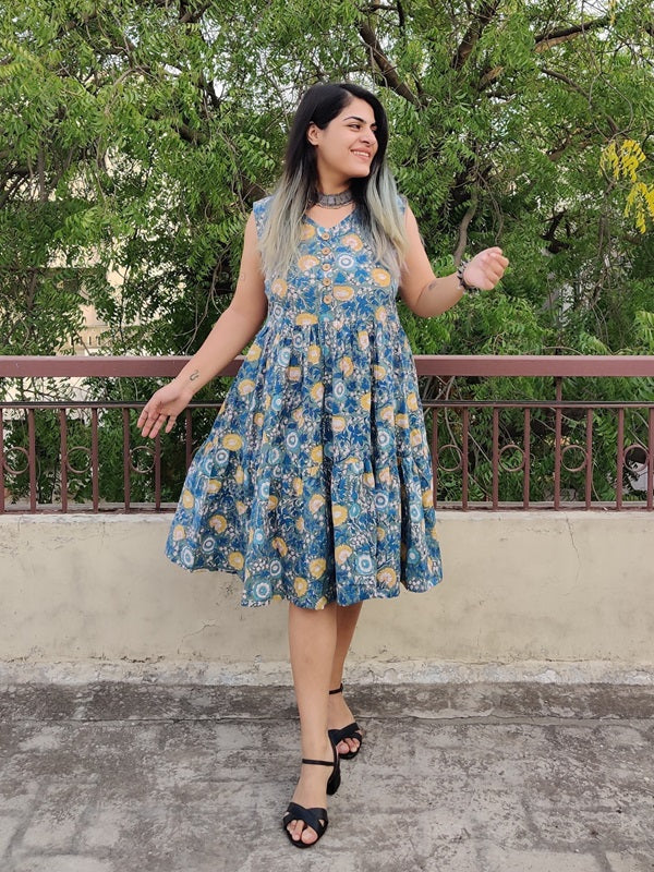 Blue Yellow Hand Block Sleeveless Tiered Dress