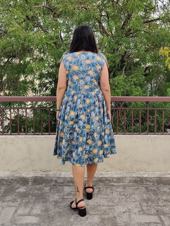 Blue Yellow Hand Block Sleeveless Tiered Dress