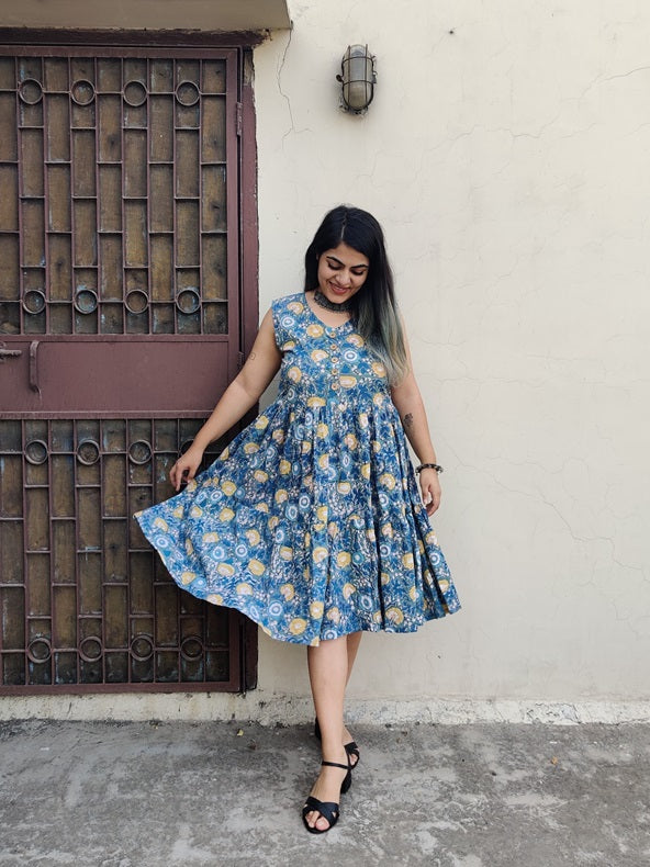 Blue Yellow Hand Block Sleeveless Tiered Dress