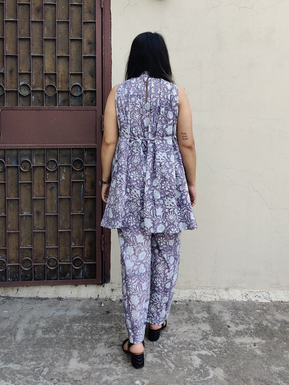 Purple Floral Hand Block Printed Halter Neck Coordinated Set