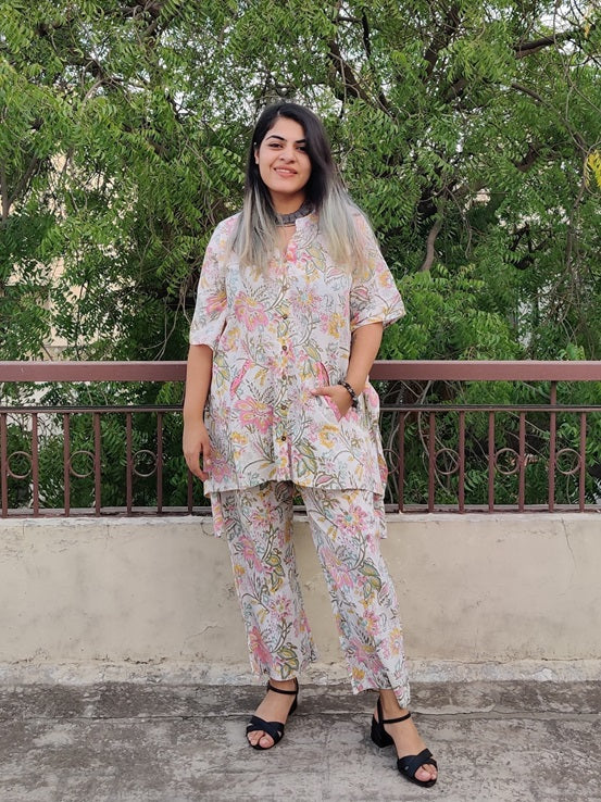 White Floral Hand Block Printed Shirt Kaftan Coordinated Set