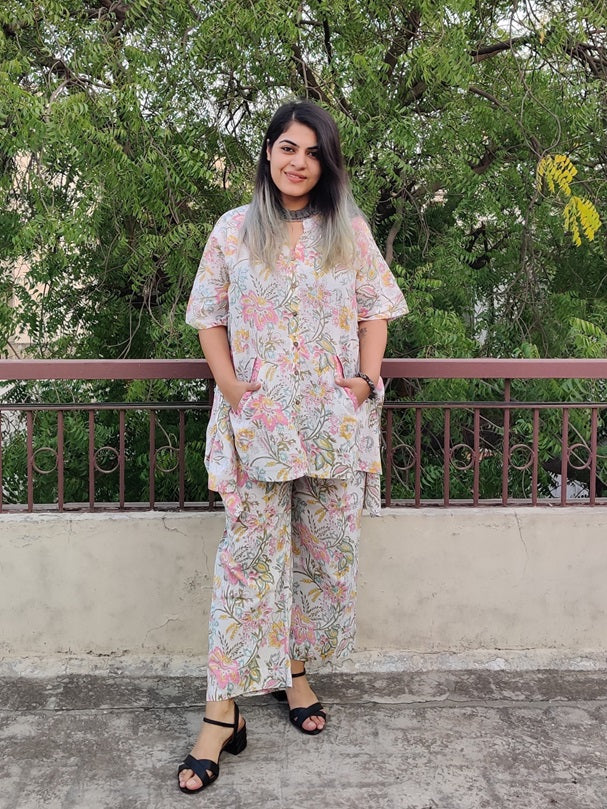 White Floral Hand Block Printed Shirt Kaftan Coordinated Set