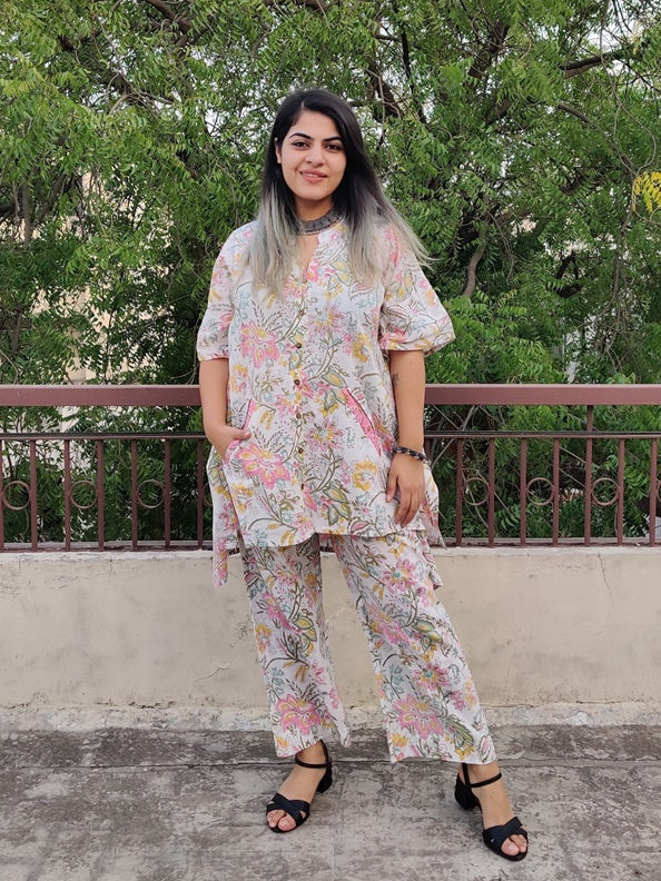 White Floral Hand Block Printed Shirt Kaftan Coordinated Set