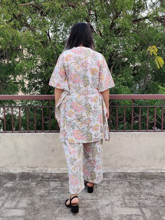 White Floral Hand Block Printed Shirt Kaftan Coordinated Set