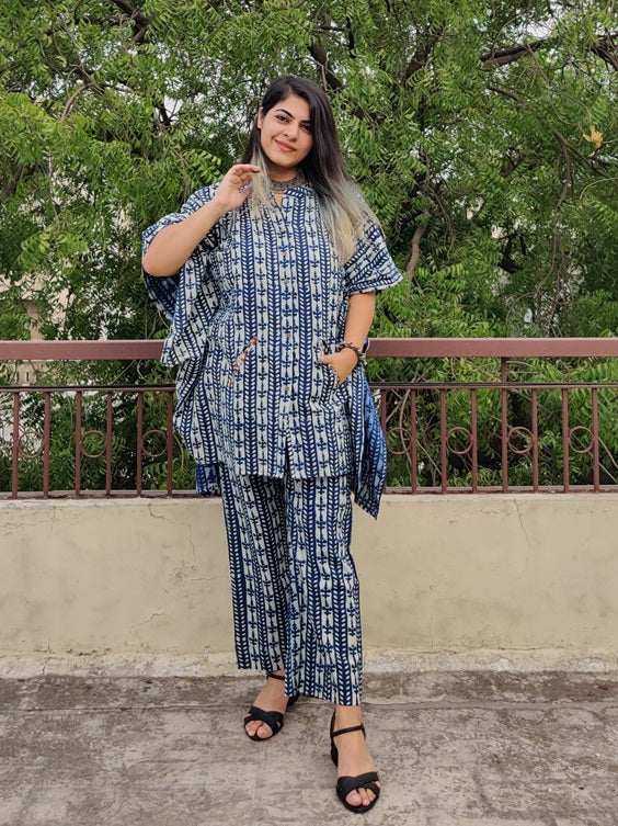 Indigo White Hand Block Printed Shirt Kaftan Coordinated Set