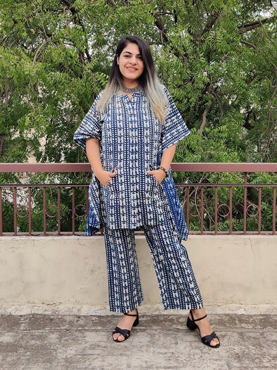 Indigo White Hand Block Printed Shirt Kaftan Coordinated Set