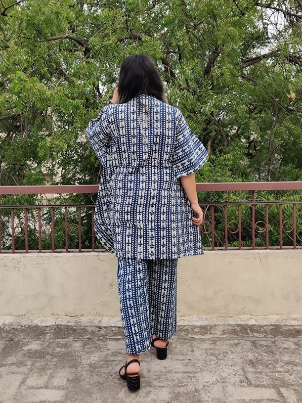 Indigo White Hand Block Printed Shirt Kaftan Coordinated Set